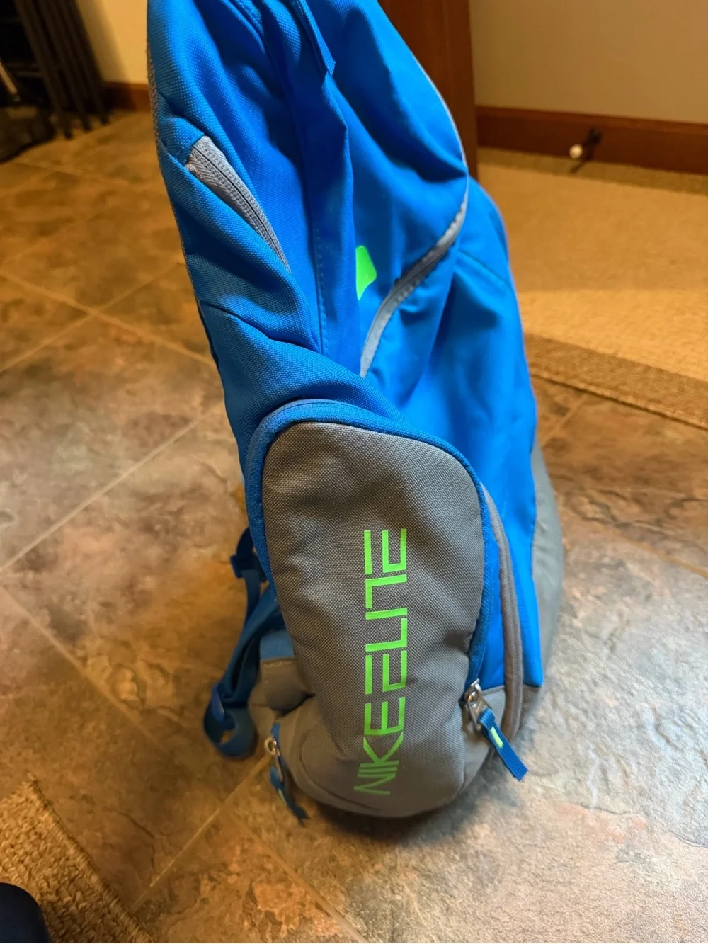 Nike Men’s Blue and Gray Basketball Backpack with Neon Green Accent
